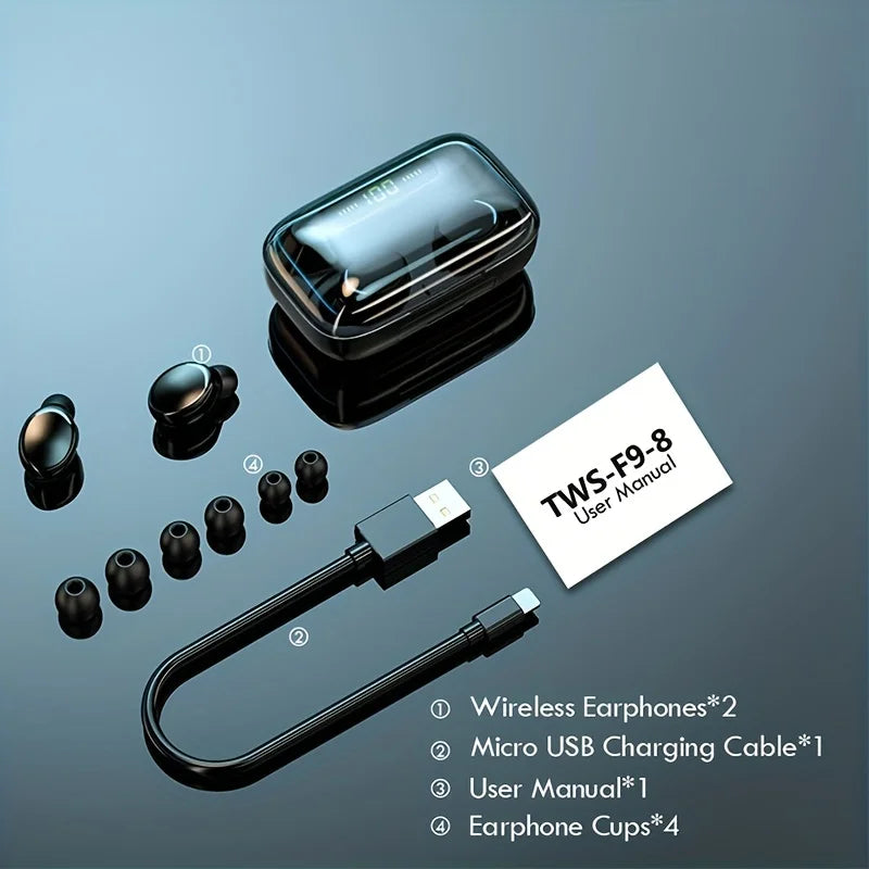 Auriculares inalámbricos nuevos con pantalla LED, control táctil, diseño In-Ear TWS, ideales para deporte, música y juegos, compatibles con iOS y Android.